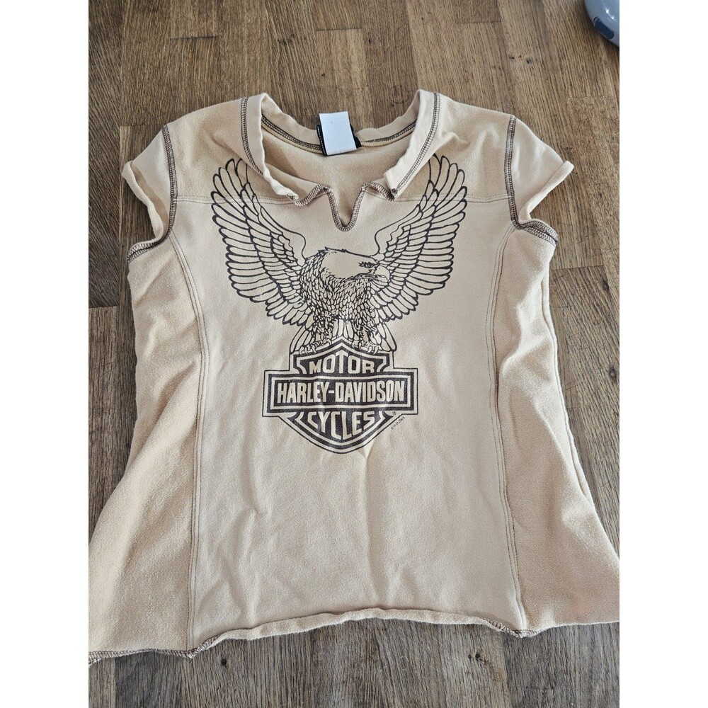 Womans Tan Harley Davidson Motorcycles Shirt Walter Brothers , Peoria, IL Size L